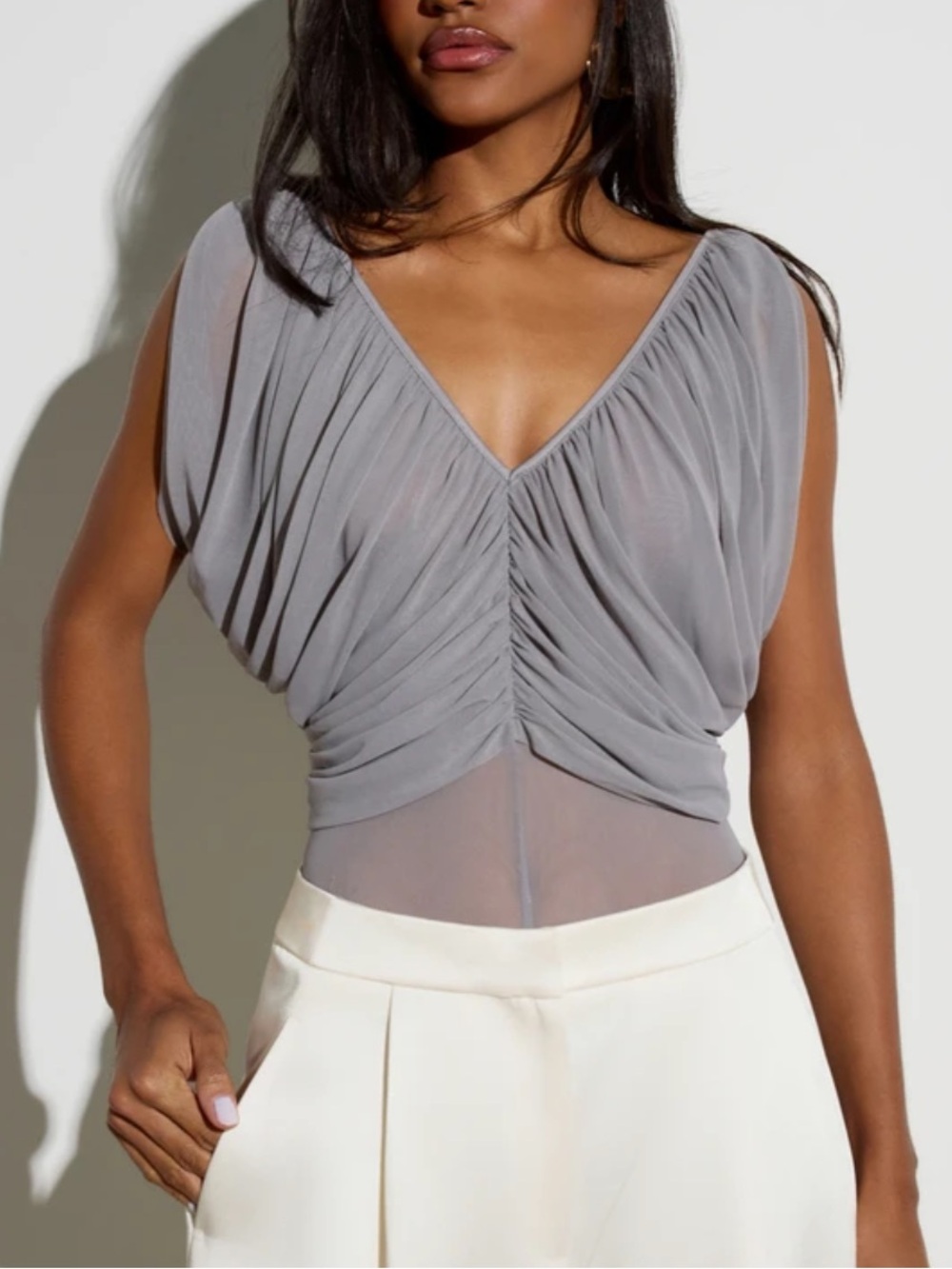Sheer Ruched V-Neck Sleeveless bodysuit Top in Gray